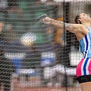 Kansas senior Alexandra Emilianov competes in the discus throw at the NCAA outdoor track and field championships on June 11, 2022, in Eugene, Oregon.