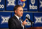 Kansas baseball coach Dan Fitzgerald answers questions during a press conference on Thursday, June 16, 2022.