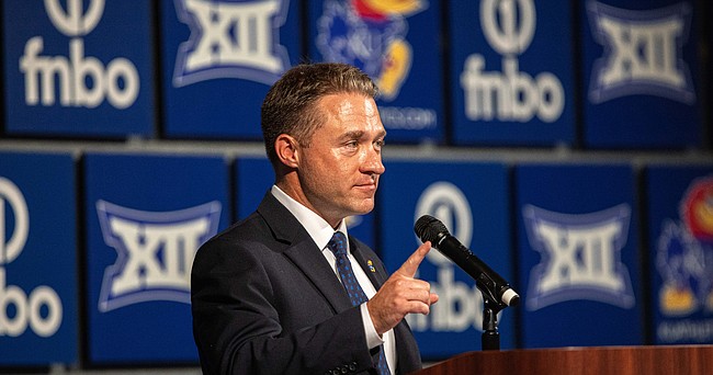 Kansas baseball coach Dan Fitzgerald answers questions during a press conference on Thursday, June 16, 2022.