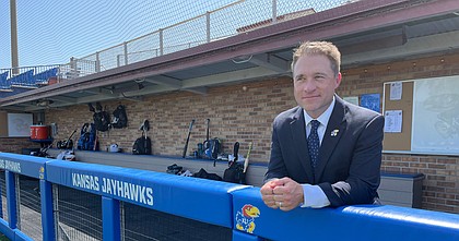 Dan Fitzgerald hangs out in the KU dugout at Hoglund Ballpark shortly after being introduced as KU's next head baseball coach on Thursday, June 16, 2022. 