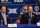 KU Athletic Director Travis Goff, left, and new baseball coach Dan Fitzgerald answer questions during a press conference on Thursday, June 16, 2022. 