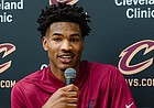 Cleveland Cavaliers rookie Ochai Agbaji speaks during an introductory news conference at Rocket Mortgage Fieldhouse in Cleveland on June 24, 2022.