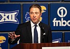 New Kansas baseball coach Dan Fitzgerald answers questions during a press conference on Thursday, June 16, 2022. 