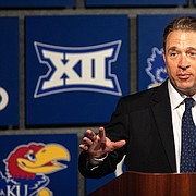 New Kansas baseball coach Dan Fitzgerald answers questions during a press conference on Thursday, June 16, 2022. 