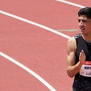 Bryce Hoppel reacts after winning the men's 800 meters during the USATF Golden Games meet at Mount San Antonio College on May 9, 2021, in Walnut, Calif.