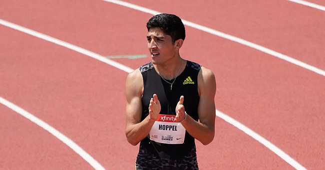 Bryce Hoppel reacts after winning the men's 800 meters during the USATF Golden Games meet at Mount San Antonio College on May 9, 2021, in Walnut, Calif.