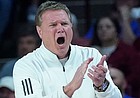 Kansas head coach Bill Self shouts during the second half of a game against Oklahoma on Jan. 18, 2022, in Norman, Okla.