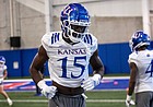 Kansas redshirt junior linebacker Craig Young runs through drills during spring practice at the indoor practice facility on March 1, 2022.