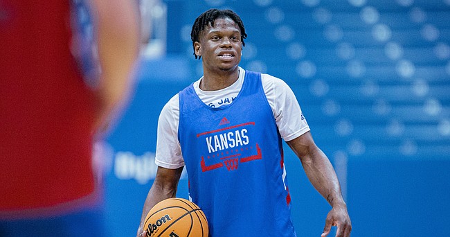 Guard Joe Yesufu waits to pass the ball during the team scrimmage at the annual Bill Self Basketball Camp on Wednesday, June 8, 2022 at Allen Fieldhouse. 