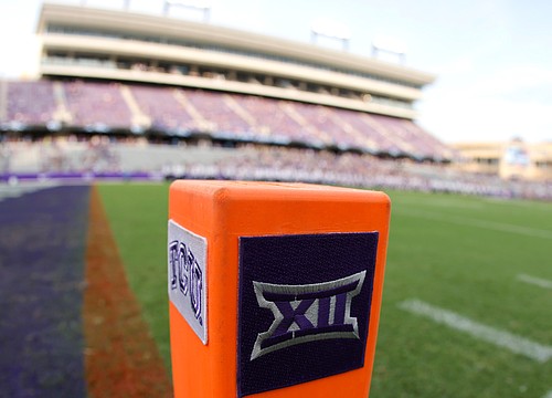 The Big 12 Conference logo is seen on a goal line pylon before Duquesne plays TCU in an NCAA college football game Saturday, Sept. 4, 2021, in Fort Worth, Texas. 


