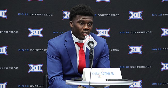 Kansas senior safety Kenny Logan Jr. speaks to reporters as part of the Big 12 media days on July 13, 2022, at AT&T Stadium in Arlington, Texas.