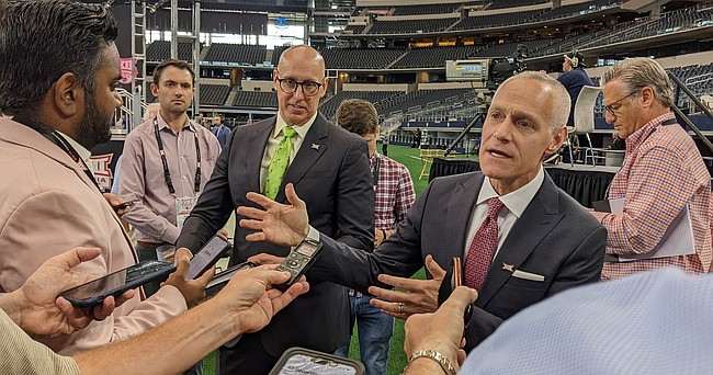 Incoming Big 12 commissioner Brett Yormark gestures while speaking with reporters during Big 12 media days at AT&T Stadium in Arlington, Texas, on July 13, 2022.