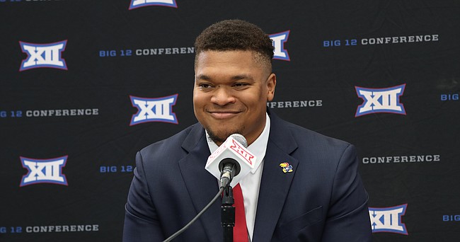 Kansas left tackle Earl Bostick Jr. speaks to reporters as part of Big 12 football media days on July 13, 2022, at AT&T Stadium in Arlington, Texas.