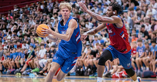 Kansas forward Gradey Dick drives the ball during the team scrimmage at the annual Bill Self Basketball Camp on Wednesday, June 8, 2022 at Allen Fieldhouse. 