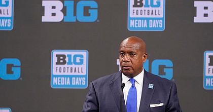 Big Ten Commissioner Kevin Warren talks to reporters during an NCAA college football news conference at the Big Ten Conference media days, at Lucas Oil Stadium, Tuesday, July 26, 2022, in Indianapolis. (AP Photo/Darron Cummings)