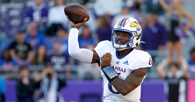 Kansas quarterback Jalon Daniels throws a pass against TCU during the first half of game on Nov. 20, 2021, in Fort Worth, Texas.