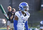 Kansas sophomore safety OJ Burroughs (5) during the first day of practice on Tuesday, Aug. 2, 2022.