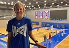 Kansas volleyball senior Rachel Langs, shown here before a recent practice at Horejsi Family Volleyball Arena, is back with the program for her fifth season. 