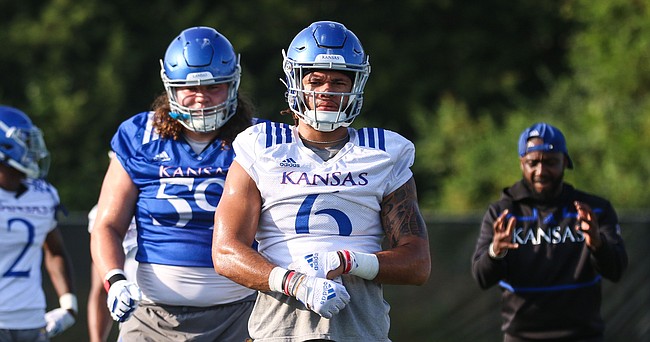 Kansas junior linebacker Taiwan Berryhill (6) during the first day of practice on Tuesday, Aug. 2, 2022.
