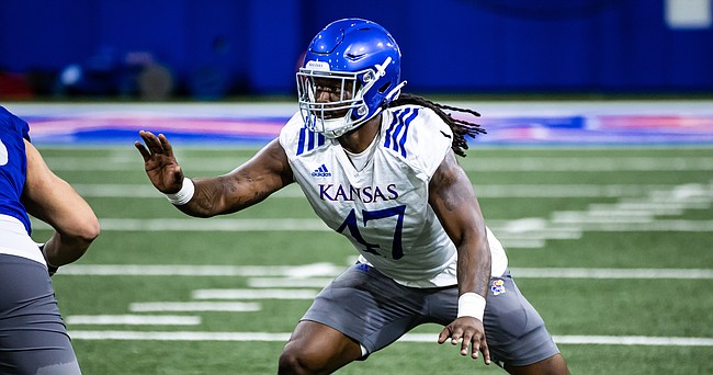 Kansas defensive end Lonnie Phelps Jr. during a training camp practice on Aug. 3, 2022.