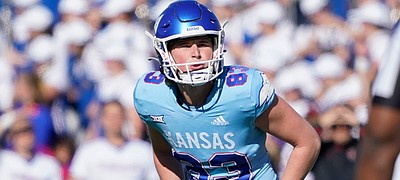 Kansas kicker Jacob Borcila prepares to attempt an extra point during a game against Texas Tech on Oct. 16, 2021, in Lawrence, Kan.