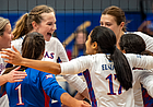 The Kansas volleyball team celebrates a point during a sweep of Wichita State in the Jayhawks' home opener on Thursday, Sept. 8, 2022, at Horejsi Family Volleyball Arena. 