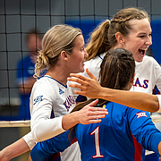 The Kansas volleyball team celebrates a point during a sweep of Wichita State in the Jayhawks' home opener on Thursday, Sept. 8, 2022, at Horejsi Family Volleyball Arena. 