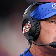Kansas head coach Lance Leipold watches from the sideline during the first half of an NCAA college football game against Houston, Saturday, Sept. 17, 2022, in Houston. (AP Photo/Eric Christian Smith)