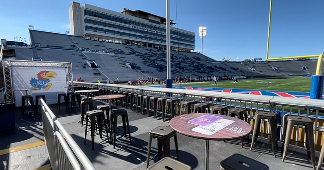 The view of David Booth Kansas Memorial Stadium's west stands from the newly revamped Touchdown Club in the stadium's south end zone. 