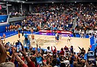 The Kansas volleyball team, and the Horejsi Family Volleyball Arena crowd, explode at the end of set No. 2 after the Jayhawks' 25-23 win over No. 1 Texas gave KU a two-sets-to-none lead in the match. Texas came back to win the match in five sets, marking the second straight season that the Longhorns came from two sets down to defeat Kansas in Lawrence. 