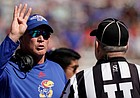 Kansas football coach Lance Leipold makes a point to an official during KU's home game against Duke on Saturday, Sept. 24, 2022 at David Booth Kansas Memorial Stadium. (AP Photo/Charlie Riedel)
