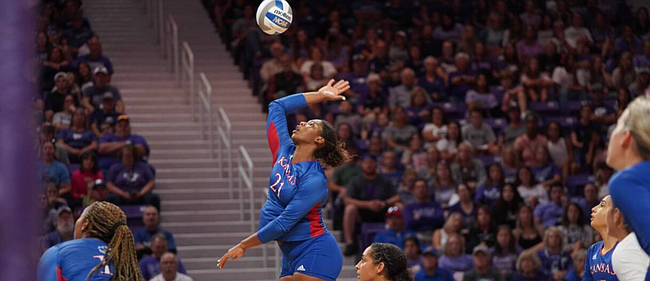 KU sophomore London Davis prepares to swing at a ball during the Kansas volleyball team's five-set victory at Kansas State on Saturday, Sept. 24, 2022 in Manhattan. 