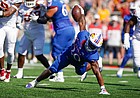 Kansas running back Daniel Hishaw Jr. (20) regains his footing as he throws himself into the end zone for a touchdown during the second quarter against Iowa State on Saturday, Oct. 1, 2022 at Memorial Stadium.