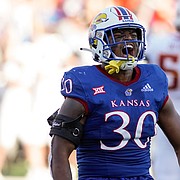 Kansas linebacker Rich Miller (30) celebrates after a missed Iowa State field goal during the fourth quarter on Saturday, Oct. 1, 2022 at Memorial Stadium. The Jayhawks defeated the Cyclones 14-11 to remain unbeaten.