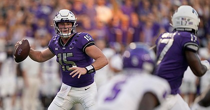 TCU quarterback Max Duggan looks to pass during the first half of an NCAA college football game against Tarleton State in Fort Worth, Texas, Saturday, Sept. 10, 2022. (AP Photo/LM Otero)
