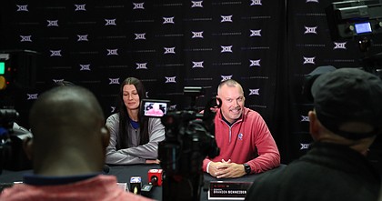 Kansas women's basketball coach Brandon Schneider, right, and senior guard Holly Kersgieter field questions from the media at the annual Big 12 Conference Basketball Tipoff on Tuesday, Oct. 18, 2022 at T-Mobile Center in Kansas City, Missouri. 