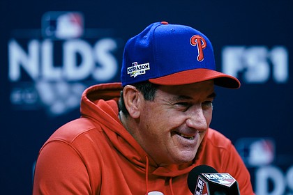 Philadelphia Phillies manager Rob Thomson speaks with members of the media during a baseball National League Division Series news conference ahead of Game 4 against the Atlanta Braves, Saturday, Oct. 15, 2022, in Philadelphia. (AP Photo/Matt Rourke)


