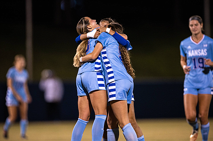 Members of the Kansas soccer team celebrate a goal by freshman Lexi Watts during the Jayhawks' 2-0 win over Iowa State in the regular season finale on Thursday, Oct. 27, 2022, at Rock Chalk Park. 