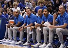 Kansas head coach Bill Self and members of his staff look to an official for a call during the second half of an exhibition on Thursday, Nov. 3, 2022 at Allen Fieldhouse.