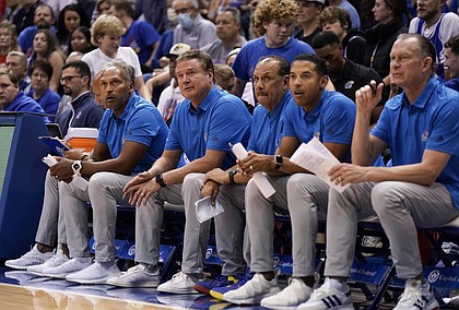 Kansas head coach Bill Self and members of his staff look to an official for a call during the second half of an exhibition on Thursday, Nov. 3, 2022 at Allen Fieldhouse.