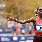 Sharon Lokedi, of Kenya, crosses the finish line first in the women's division of the New York City Marathon, Sunday, Nov. 6, 2022, in New York. (AP Photo/Jason DeCrow)


