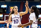KU's Ionna Chatzileonti high-fives Zakiyah Franklin during a game between KU and Jacksonville on Wednesday, Nov. 9, 2022 at Allen Fieldhouse. 