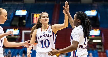 KU's Ionna Chatzileonti high-fives Zakiyah Franklin during a game between KU and Jacksonville on Wednesday, Nov. 9, 2022 at Allen Fieldhouse. 