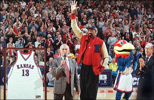 The return of Wilt Chamberlain, center, in 1998 was judged the No.
3 most memorable moment in Allen Fieldhouse history by KUSports.com
viewers.
