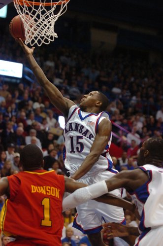 Kansas' Mario Chalmers lays one in against Iowa State on Saturday at Allen Fieldhouse.