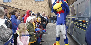 Big Jay entertains Kansas University football fans gathered to wish the team well on their trip to the Orange Bowl to face Virginia Tech. 