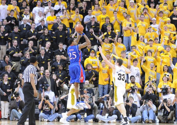 Kansas guard Brandon Rush elevates for a jumper before Missouri forward Matt Lawrence and the Mizzou student section during the second half Saturday, Jan. 19, 2008 at Mizzou Arena in Columbia, Missouri.