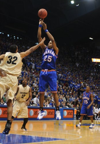 Kansas guard Brandon Rush puts up a jumper over Colorado forward Marcus King-Stockton during the first half Saturday, Feb. 16, 2008 at Allen Fieldhouse.
