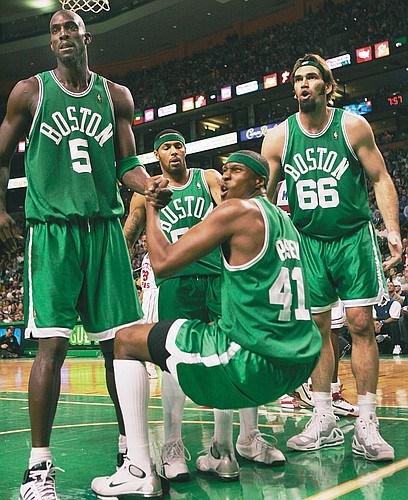 Boston's Scot Pollard (66), Kevin Garnett (5), James Posey (41) and Eddie House complain to a referee in this December 2007 file photo. Pollard, a free agent, isn't ready for his NBA career to be over.