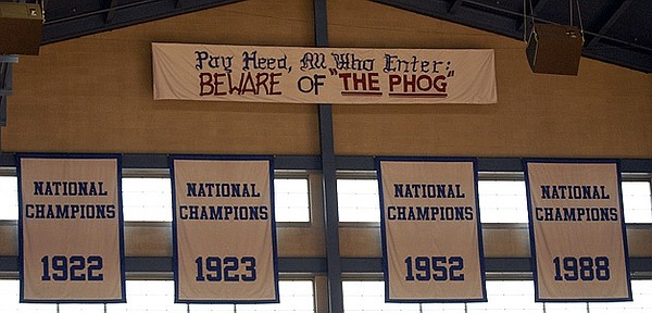 New, bigger banners memorializing Kansas University's national champions - and a new "Beware of 'the Phog'" banner - were unfurled in Allen Fieldhouse in this photo from July 2006. A new banner commemorating the 2008 national championship will join these four Tuesday night.